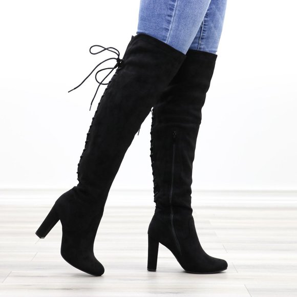 Black Over The Knee Heeled Boots Thigh High Suede With Lace Up Back - Picture 14 of 14